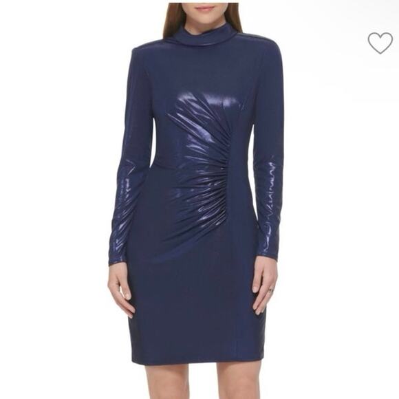Vince Camuto Blue Mock Neck Metallic Ruched  Body Con Sheath Dress New Size 0 - Picture 1 of 14